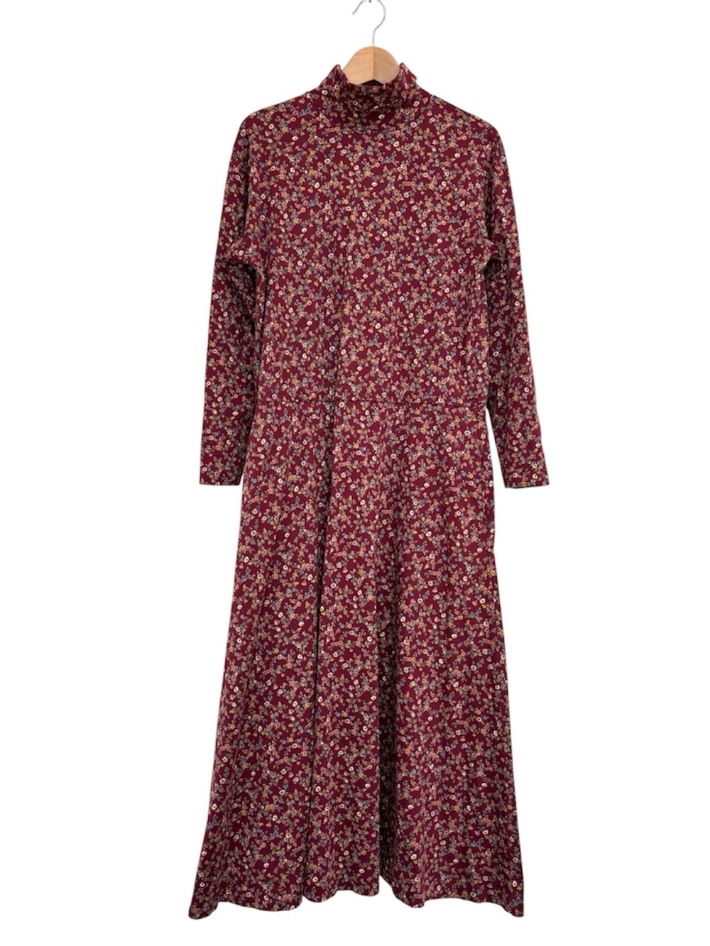 Vintage Lands End Floral Turtleneck Maxi Dress M 10-12 90s Cottagecore Burgundy